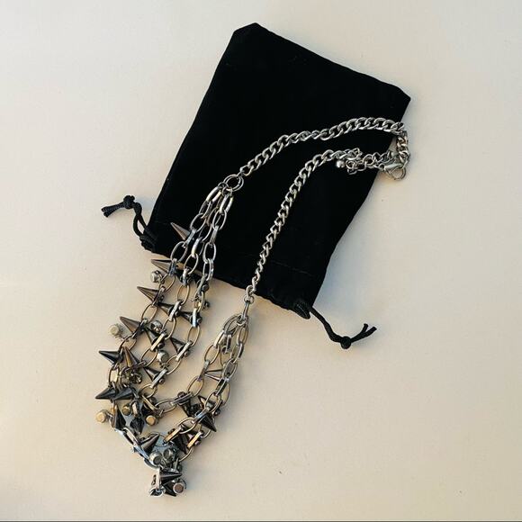 NORDSTROM REVOLVE Silver Gunmetal Stud Charm Layered Multi Statement Necklace - Picture 6 of 8